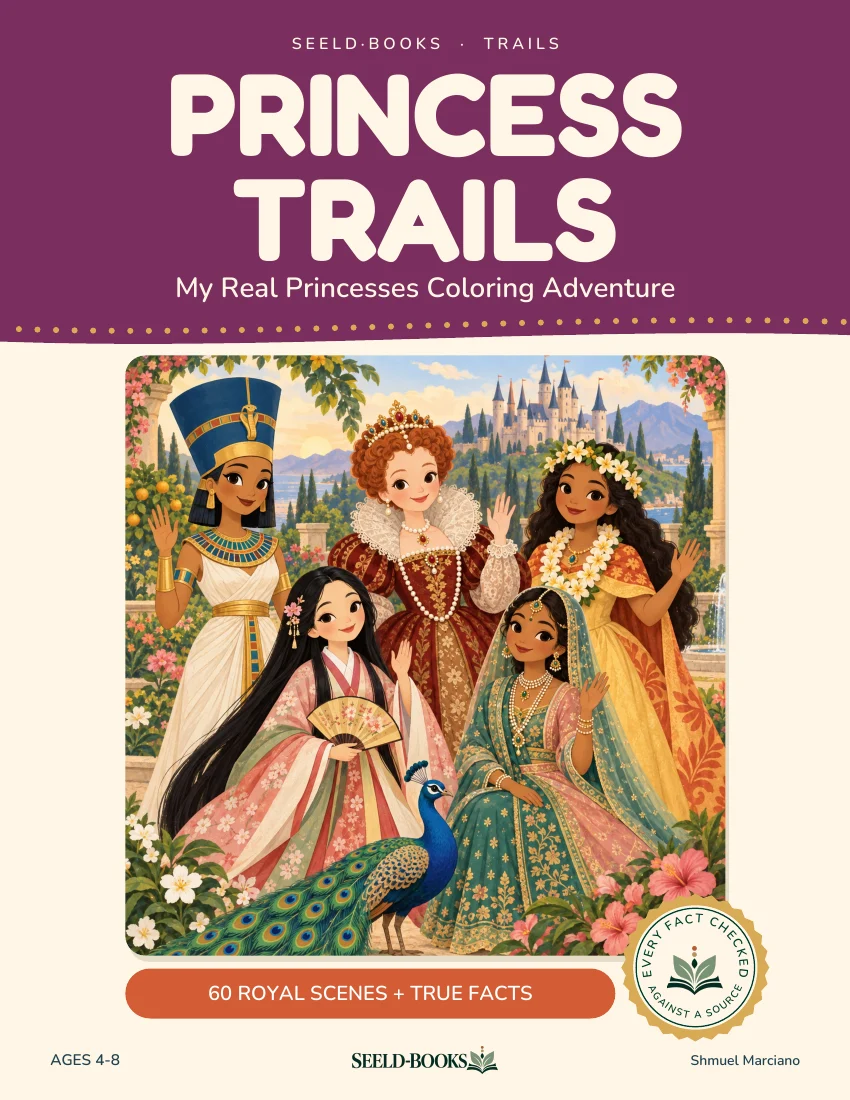 כריכת Princess Trails עם חמש נסיכות ומלכות מתקופות וממקומות שונים, טווס וטירה