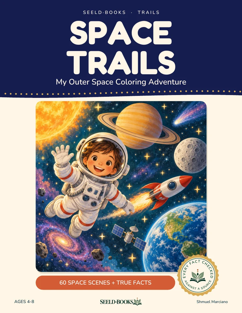 כריכת Space Trails עם ילד אסטרונאוט, טיל, שבתאי, כדור הארץ והירח