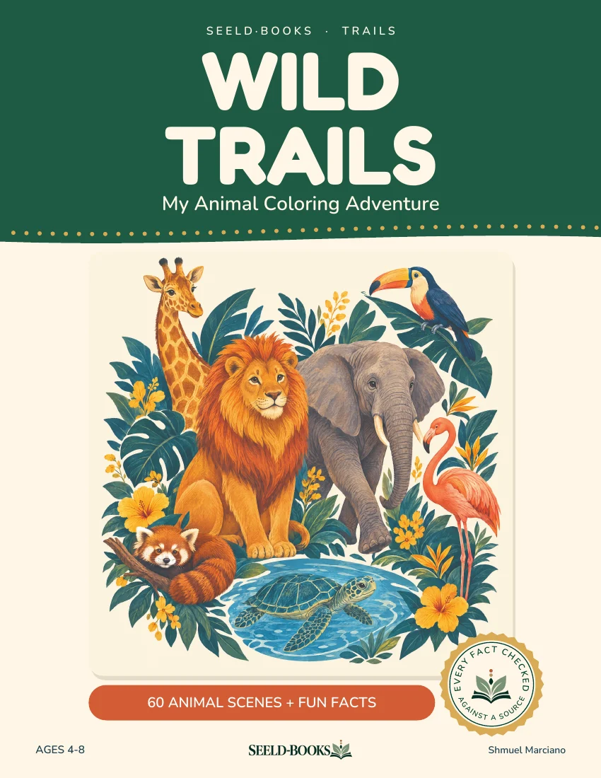 כריכת Wild Trails עם איורי אריה, פיל, ג׳ירפה וחיות נוספות